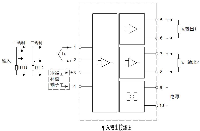 单入双出温度隔离器接线图