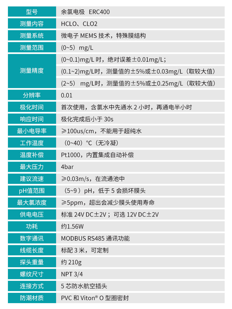 余氯电极参数